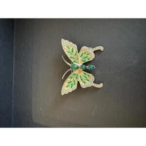 Charming Vintage Butterfly Brooch with Green Enamel and Gemstones